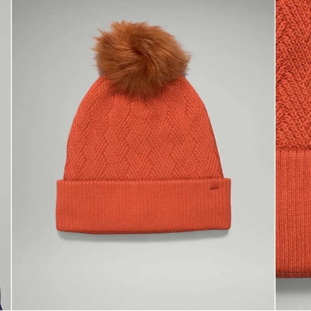 NWT New LULULEMON Chevron Knit Fur Pom Beanie Hat Canyon Orange CAYO
